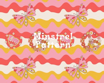 Butterfly and Floral Peace Seamless Pattern File, Retro Pink Wave Digital Papers, Hippie Digital Papers for Fabric Printing Sublimation