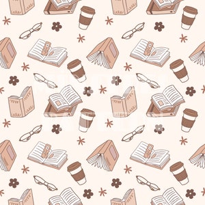 May include: A seamless pattern featuring a variety of brown and beige illustrations, including books, coffee cups, glasses, and flowers. The background is a light beige color.