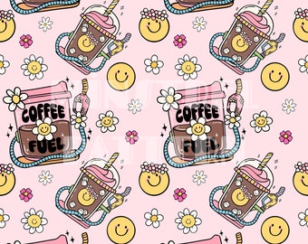 Coffee Fuel and Happy Face Daisy Seamless Pattern for Fabric Printing Sublimation, Sublimation File, Surface Design, Fabric Digital Design