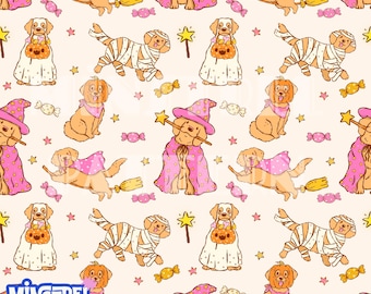 Cute Witch Golden Retriever Seamless Pattern, Funny Pink Halloween Fabric Printing (Digital Download)