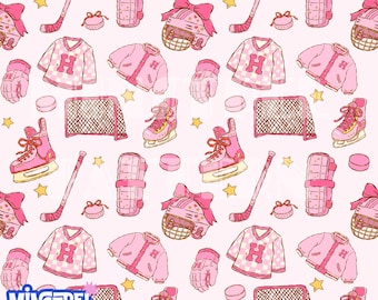 Coquette Hockey Seamless Pattern, Retro Pink Winter Fabric Printing (Digital Download)