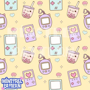 Naadloos patroonbestand met schattig gamemeisje, geschikt voor het bedrukken van stof met een videogame-thema (digitale download).