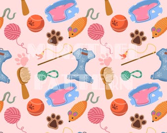 Funny Pink Cat and Dog Pet Toys Seamless Pattern for Fabric Printing Sublimation, Sublimation File, Surface Design