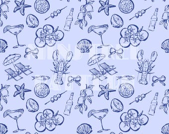 Italian Summer Hand Drawn Beach Seamless Pattern for Fabric Printing Sublimation, Fruit Sublimation File, Surface Design
