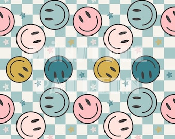 Retro Checkered Smiling Face Seamless Pattern Files, Retro Happy Face Seamless Pattern for Fabric Printing Custom Digital Papers