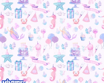 Diseño sin costuras de sirena morada y rosa para cumpleañera: Impresión en tela (Descarga digital)