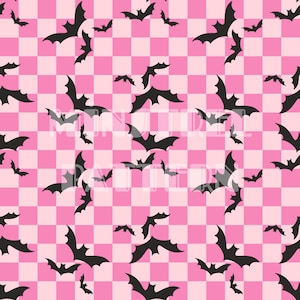 Bats Pink Checkered Seamless Pattern Files for Halloween Girly Fabric Printing Sublimation Custom Fabric Digital Paper File