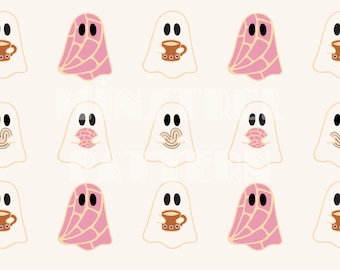 Conchas Mexican Ghost Seamless Pattern Files Files for Halloween Spooky Fabric Printing Sublimation, Sublimation File, Surface Design