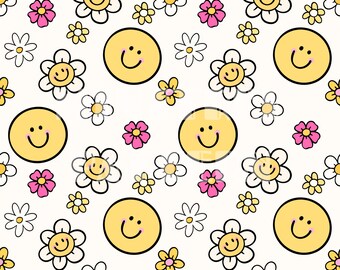Girly Happy Face and Flower Seamless Pattern for Fabric Printing Sublimation, Sublimation File, Surface Design, Fabric Digital Design
