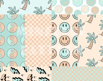 Retro Summer Boy Checkered, Yin Yang, Palm Trees, Thunder and Happy Face Seamless Pattern Bundle Files for Boys Fabric Printing Sublimation