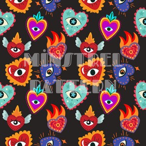 Boho Devil Eyes met hart naadloze patroonbestanden voor Valentijnsdag stof afdrukken sublimatie, liefdesdag hart afdrukbaar papier