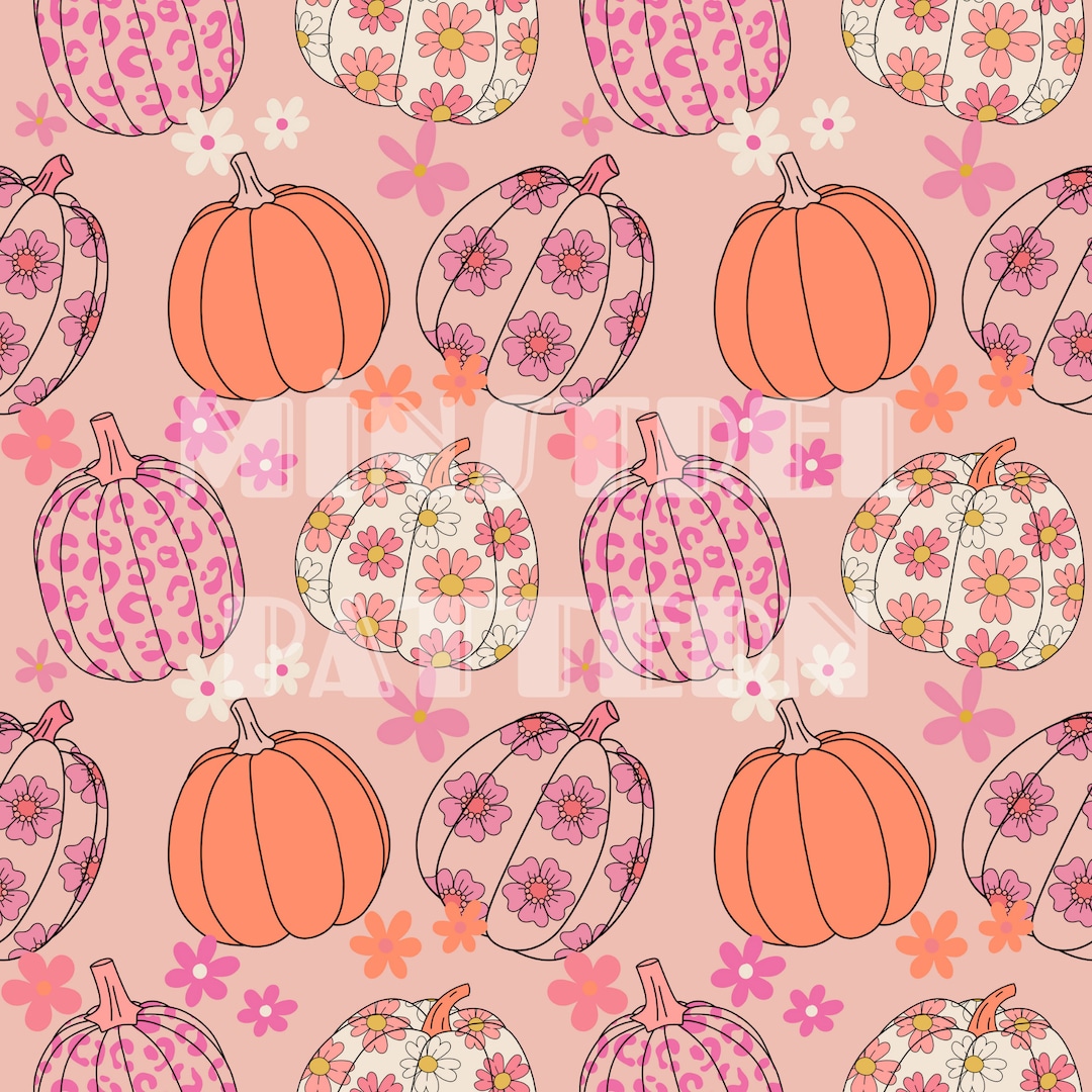 Floral Pumpkin With Daisy Fall Seamless Pattern for Autumn Fabric ...