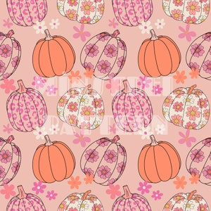 Floral Pumpkin with Daisy Fall Seamless Pattern for Autumn Fabric Printing Sublimation