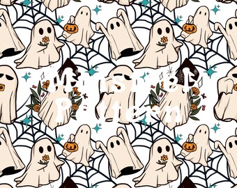 Boho Ghost with Flowers, Pumpkin and Spider Web Seamless Halloween Pattern Files for Gender Neutral Fabric Printing
