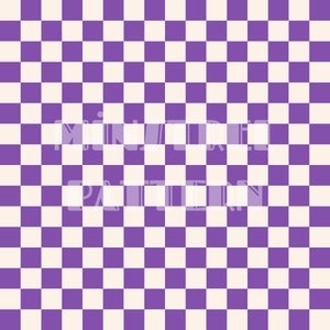 Op de afbeelding: Een naadloos patroon van afwisselende witte en paarse vierkanten. Het patroon is een klassiek damierpatroon.