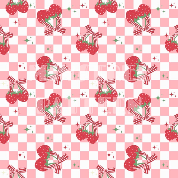 Red Strawberry with Star Coquette Seamless Pattern Files for Girly Checkered Fabric Sublimation Printing Custom Digital Papers Fabric Design