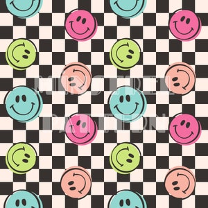 Retro Vintage Funky Happy Face Checkered Seamless Pattern Files for Fabric Sublimation Printing Custom Fabric Design File