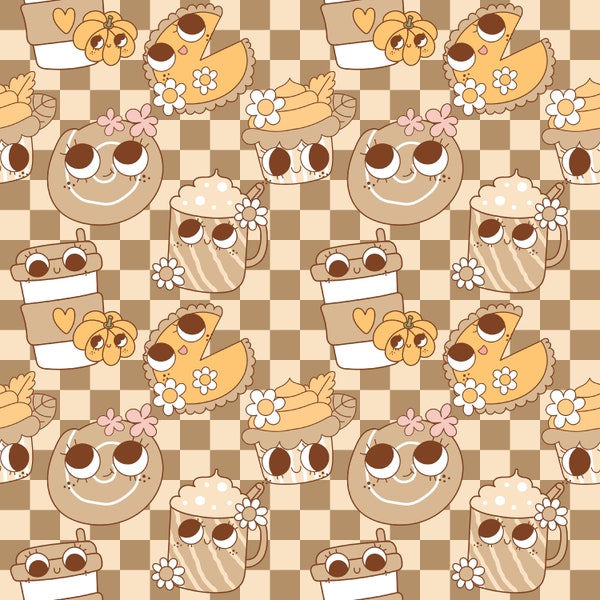 Pumpkin Pie Cinnamon Roll Latte Seamless Pattern for Fabric Printing Sublimation, Sublimation File, Surface Design, Digital Fabric Design