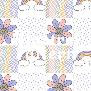 May include: A seamless pattern featuring a repeating design of rainbows, flowers, and checkered and polka dot patterns in shades of pink, purple, blue, and yellow.