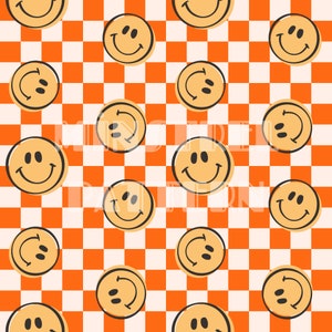 Cara feliz vintage retro con archivos de patrón sin costuras de cheque naranja neón para impresión de sublimación de tela de natación segura Archivo de diseño de tela personalizado