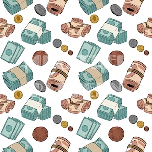 Modello senza cuciture per soldi, sublimazione della stampa di tessuti Doodle, file di progettazione di tessuti personalizzati per monete, documenti digitali per artigianato per bambini
