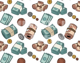 Patrón sin costuras de dinero, sublimación de impresión de tela de garabato, archivo de diseño de tela personalizado de moneda, papeles digitales de artesanía para niños