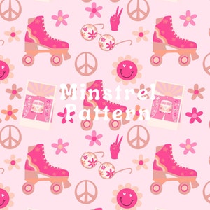 Puede incluir: Un patrón retro rosa y blanco con patines, signos de paz, flores, gafas de sol y una furgoneta. El texto "Minstrel Pattern" está en el centro del diseño.
