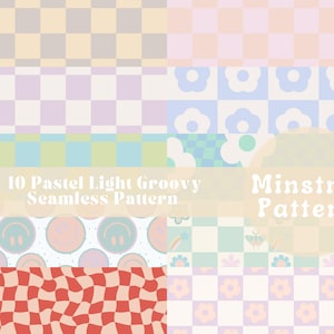 10 Pastel Light Groovy Seamless Pattern Files for Fabric Printing, Retro Checkerboard Seamless Pattern Bundle, Set of 10 Repeating Pattern