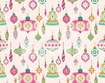 May include: A repeating pattern of colorful Christmas ornaments in pink, green, teal, and gold on a cream background. The ornaments include bell shapes, teardrops, and round designs with star and floral patterns. The overall theme is festive and decorative.