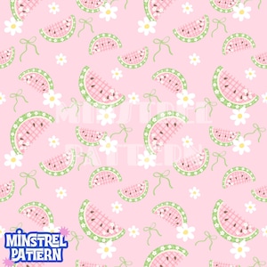 May include: A repeating pattern on a light pink background featuring watermelon slices with pink checkered flesh, green rinds, and small black seeds. The design includes white daisy flowers and thin green ribbons scattered throughout the surface.