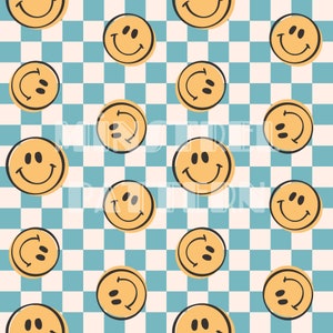 Soft Happy Face Blue Seamless Pattern Files, Checkerboard Boys Fabric Sublimation Printing Custom Fabric Design File