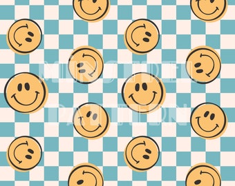 Soft Happy Face Blue Seamless Pattern Files, Checkerboard Boys Fabric Sublimation Printing Custom Fabric Design File
