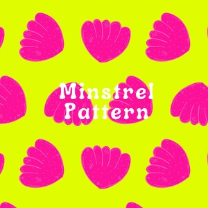 May include: A seamless pattern featuring pink, stylized, shell-like shapes on a bright yellow background. The text "Minstrel Pattern" is centered in white.