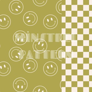 Happy Face Olive Green and Beige Checkered Seamless Pattern for Fabric Printing Sublimation, Sublimation File, Surface Design