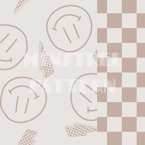 Neutral Doodle Happy Face and Checkered Seamless Pattern File for Fabric Printing Sublimation, Retro Matching Seamless Pattern Custom Fabric