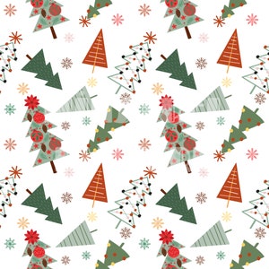 Nahtloses Muster mit Weihnachtsbäumen und Schneeflocken: Weihnachtsstoffdruck im Sublimationsdruckverfahren