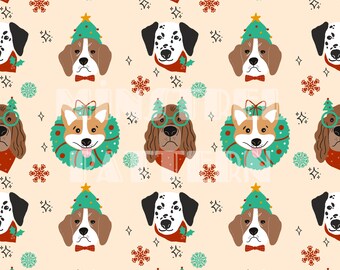 Divertidos archivos de patrones sin costuras para perros de Navidad, patrón sin costuras de copos de nieve Pawty para impresión de telas, sublimación, papeles imprimibles digitales