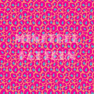 May include: A seamless pattern featuring pink and blue leopard spots on a peach background.