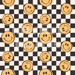 Retro Yellow Happy Face with Black Checkered Seamless Pattern Files for Kids Fabric Sublimation Printing Custom Fabric Design File