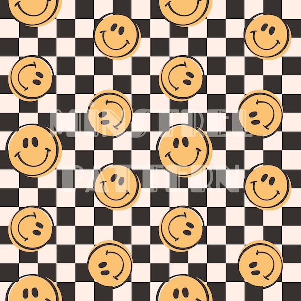 Retro Yellow Happy Face with Black Checkered Seamless Pattern Files for Kids Fabric Sublimation Printing Custom Fabric Design File