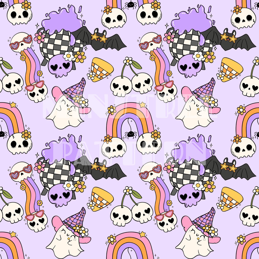 Skull Cherry Rainbow and Cute Ghost Candy Seamless Pattern for Fabric ...