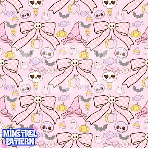 May include: A repeating pattern on a light pink background featuring illustrations of skulls with bows, checkered pumpkins, witch hats, ghosts, bats, and candy. The design includes a logo in the bottom left corner that reads Minstrel Pattern.