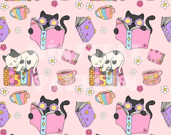 Libro de gatos maravilloso y patrón sin costuras de café para sublimación de impresión de tela, Archivo de sublimación, Diseño de superficie, Diseño digital de tela