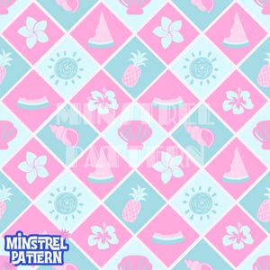 May include: A repeating pattern with summer illustrations. Pink and light blue diamond shapes contain images of a sun, pineapple, hibiscus flower, seashell, and watermelon slices. The text "MINSTREL PATTERN" is at the bottom.