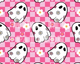 Cute Floral Ghost with Pink and White Daisy and Pink Checkered Seamless Pattern Files for Halloween Girly Fabric Printing Sublimation File