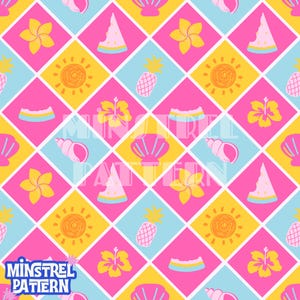 Könnte beinhalten: Ein farbenfrohes, sich wiederholendes Muster mit sommerlichen Illustrationen. Das Design umfasst rosa, gelbe und blaue Rauten mit Bildern von Blumen, Wassermelonenstücken, Muscheln, Ananas und Sonnen. Der Text "MINSTREL PATTERN" befindet sich unten links.