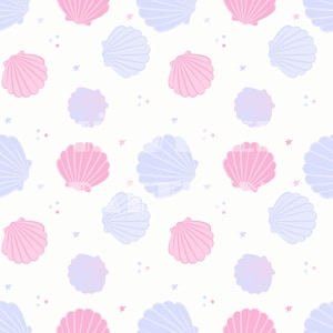 以下が含まれることがあります： 白い背景にピンクと薄いブルーの貝殻が並んだシームレスなパターン。パターンは小さな白い星とピンクのドットで飾られています。