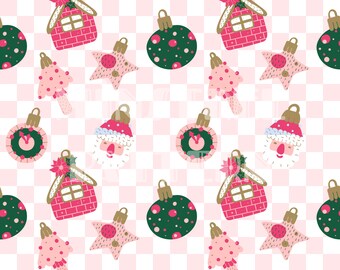 Check Pink and Green Christmas Bauble Seamless Pattern Files for Christmas Fabric Printing Sublimation Digital Paper