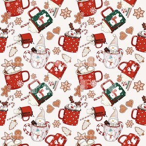 Heißer Kakao und Keks Marshmallow Musterdesign für Weihnachtsstoff Druck Sublimation, Sublimationsdatei, Oberflächendesign