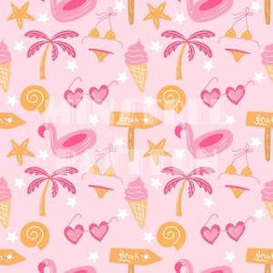 Summer Girly Beach, Flamingo, Palm Trees Seamless Pattern Files for Pink Beach Sea Shells Fabric Sublimation Printing Custom Fabric File